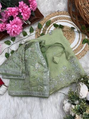 Light Green Color sequence embroidery thread work  art silk saree 4