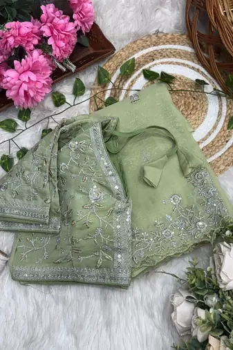 Light Green Color sequence embroidery thread work  art silk saree