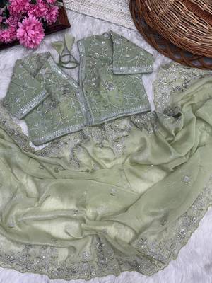 Light Green Color sequence embroidery thread work  art silk saree 5