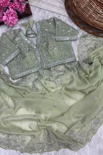 Light Green Color sequence embroidery thread work  art silk saree