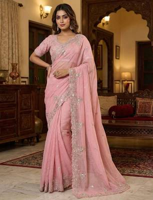 Pink Color sequence embroidery thread work  art silk saree 1