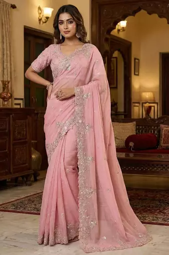 Pink Color sequence embroidery thread work  Silk Saree