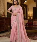 Pink Color sequence embroidery thread work  Silk Saree