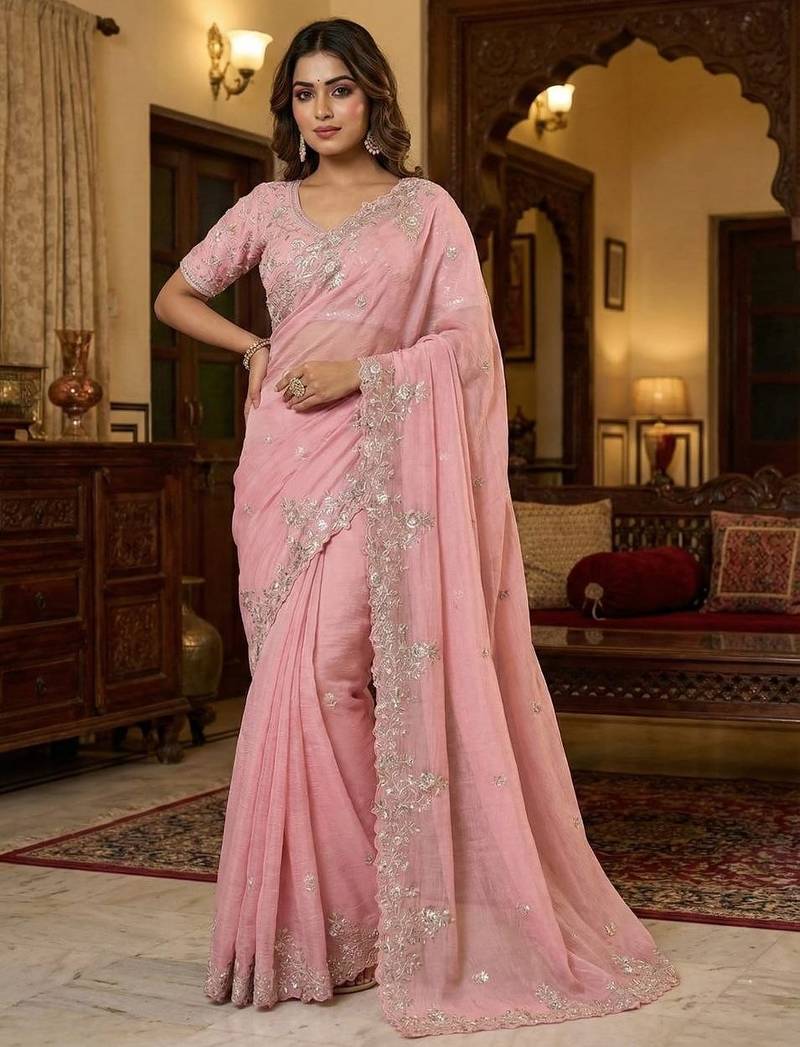 Pink Color sequence embroidery thread work  Silk Saree