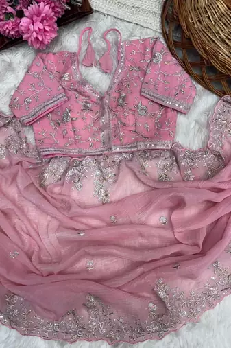 Pink Color sequence embroidery thread work  art silk saree