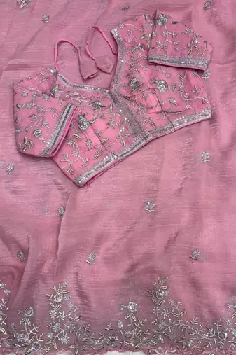 Pink Color sequence embroidery thread work  art silk saree