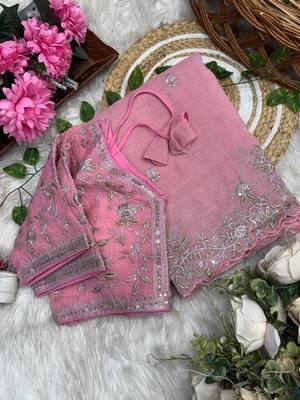 Pink Color sequence embroidery thread work  art silk saree 4