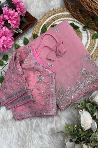 Pink Color sequence embroidery thread work  art silk saree