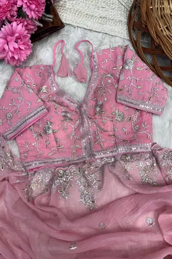 Pink Color sequence embroidery thread work  art silk saree