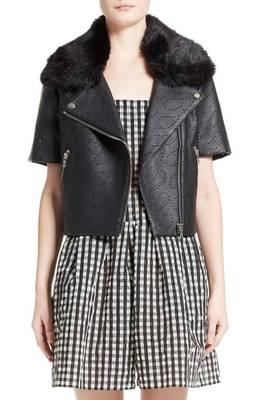 women's black perforated leather faux fur collar jacket 1