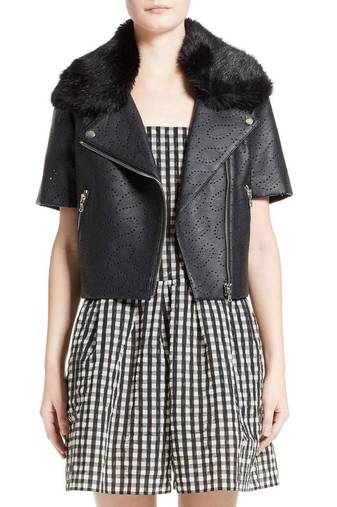 short sleeve perforated black leather jacket with  faux fur collar