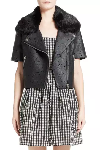 short sleeve perforated black leather jacket with  faux fur collar