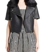 short sleeve perforated black leather jacket with  faux fur collar
