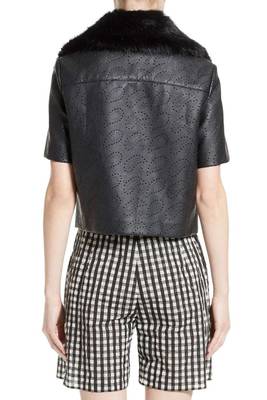 women's black perforated leather faux fur collar jacket 2