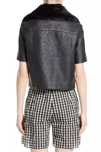 women's black perforated leather faux fur collar jacket
