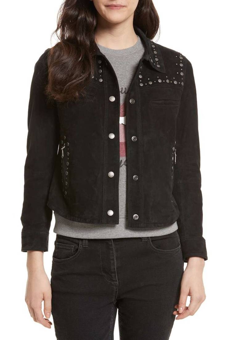 Women's black studded casual suede leather jacket