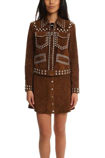 Women brown studded lambskin leather look jacket with front zip closure