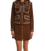 Women brown studded lambskin leather look jacket with front zip closure