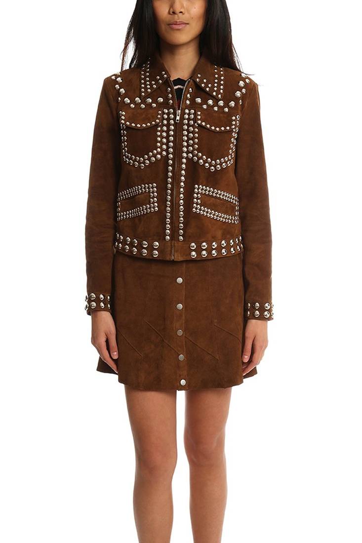 Women brown studded lambskin leather look jacket with front zip closure