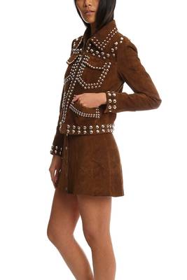 women's brown studded lambskin leather zip jacket 2