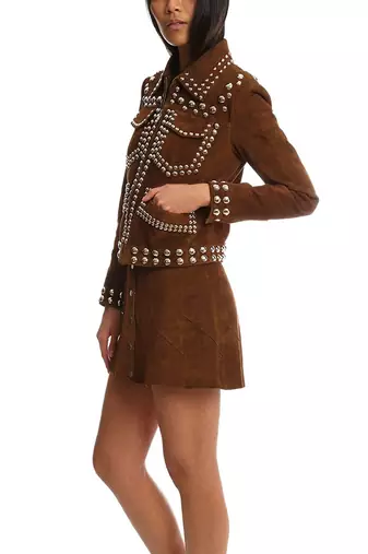 women's brown studded lambskin leather zip jacket