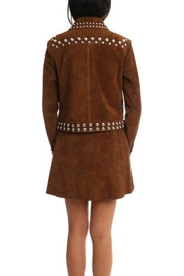 women's brown studded lambskin leather zip jacket 3