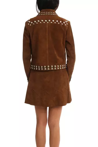 women's brown studded lambskin leather zip jacket