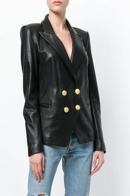 women's black double breasted leather blazer jacket 1