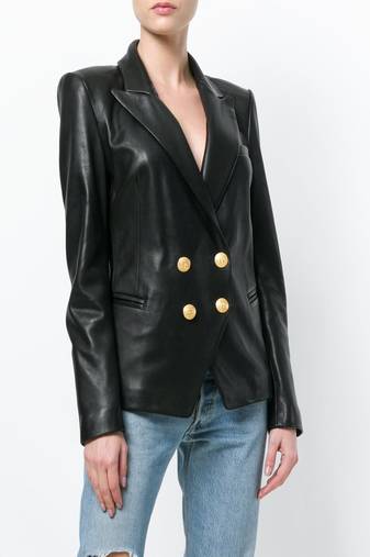 Women black real leather blazer jacket with double breasted gold button