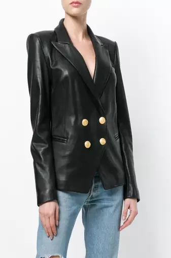 Women black real leather blazer jacket with double breasted gold button