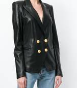 Women black real leather blazer jacket with double breasted gold button