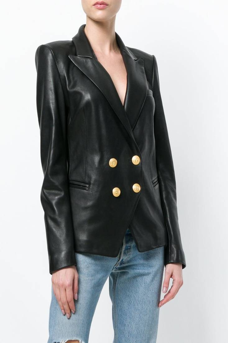 Women black real leather blazer jacket with double breasted gold button