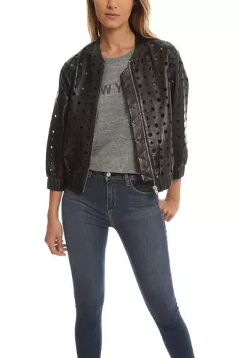 Women’s black perforated real lambskin leather bomber jacket