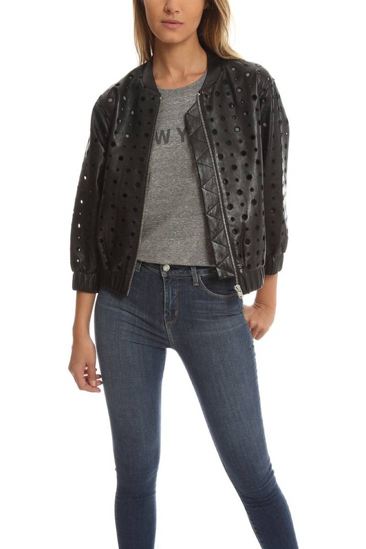 Women’s black perforated real lambskin leather bomber jacket
