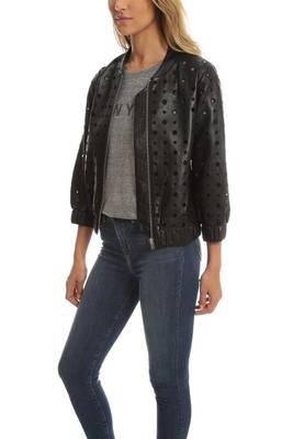women's black perforated lambskin leather bomber jacket 2