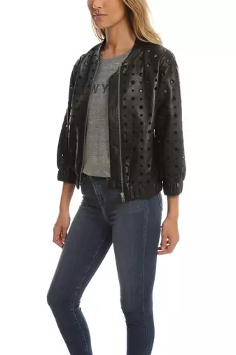 women's black perforated lambskin leather bomber jacket