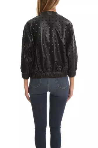 women's black perforated lambskin leather bomber jacket