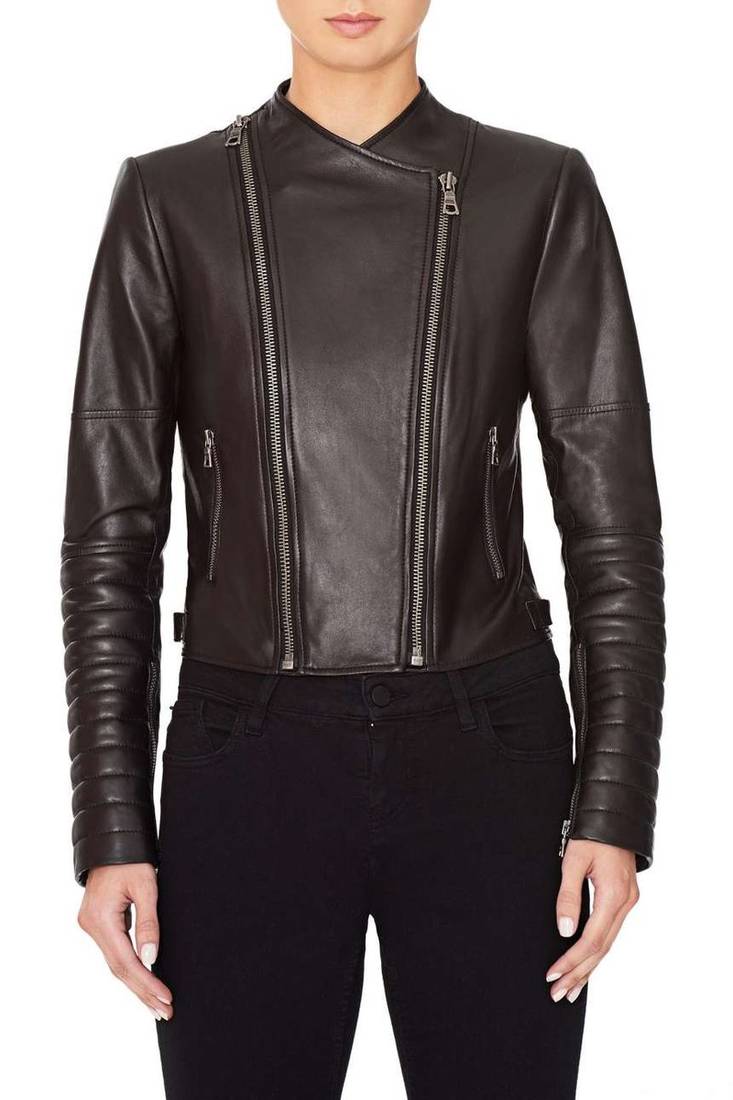 Women's lambskin leather jacket embroidered leather biker jacket