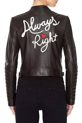 women's black lambskin leather embroidered biker jacket 2