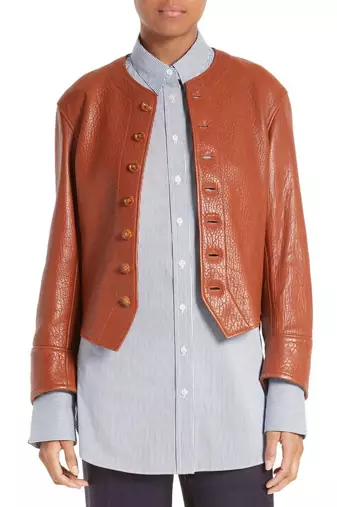Women's lambskin leather jacket crew neck and button closure