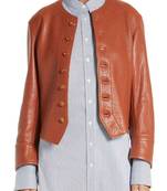 Women's lambskin leather jacket crew neck and button closure