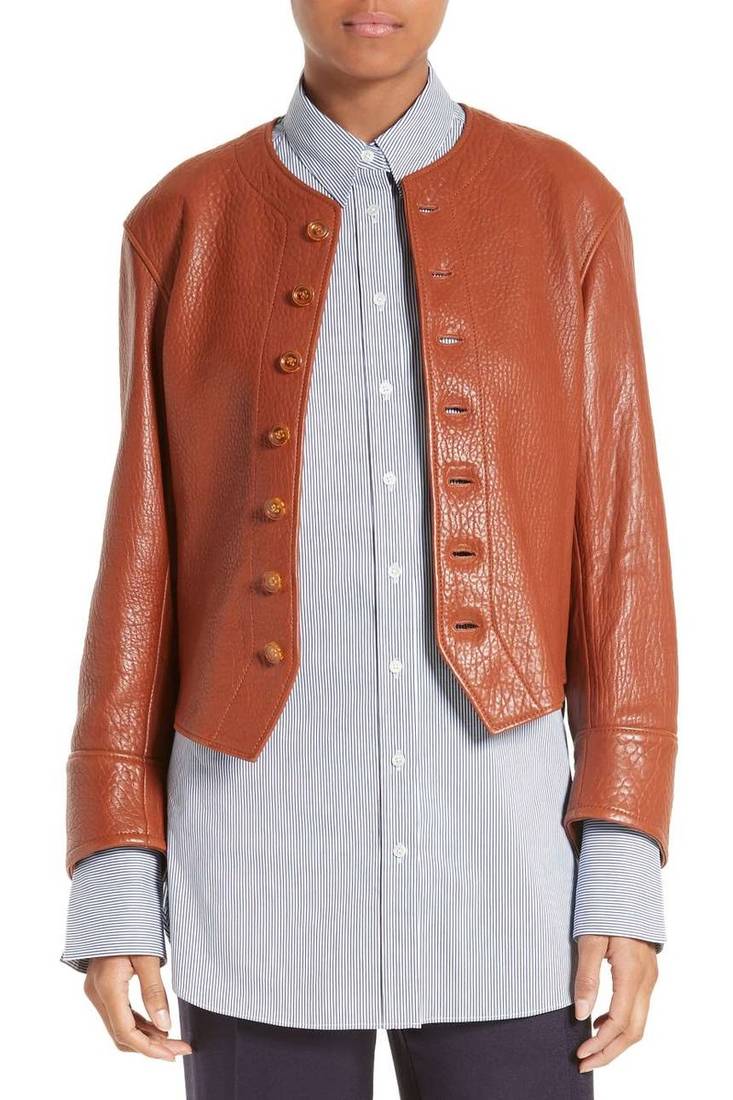 Women's lambskin leather jacket crew neck and button closure