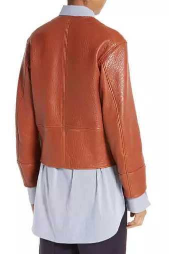 women's black lambskin leather crew neck jacket