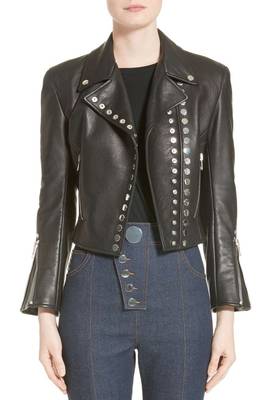 women's black studded lambskin leather cropped moto jacket 1