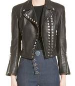 Women's lambskin leather cropped studded leather moto jacket
