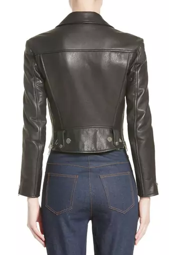 women's black studded lambskin leather cropped moto jacket