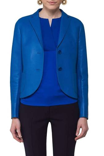Women's lambskin leather solid blue formal blazer jacket