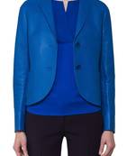 Women's lambskin leather solid blue formal blazer jacket