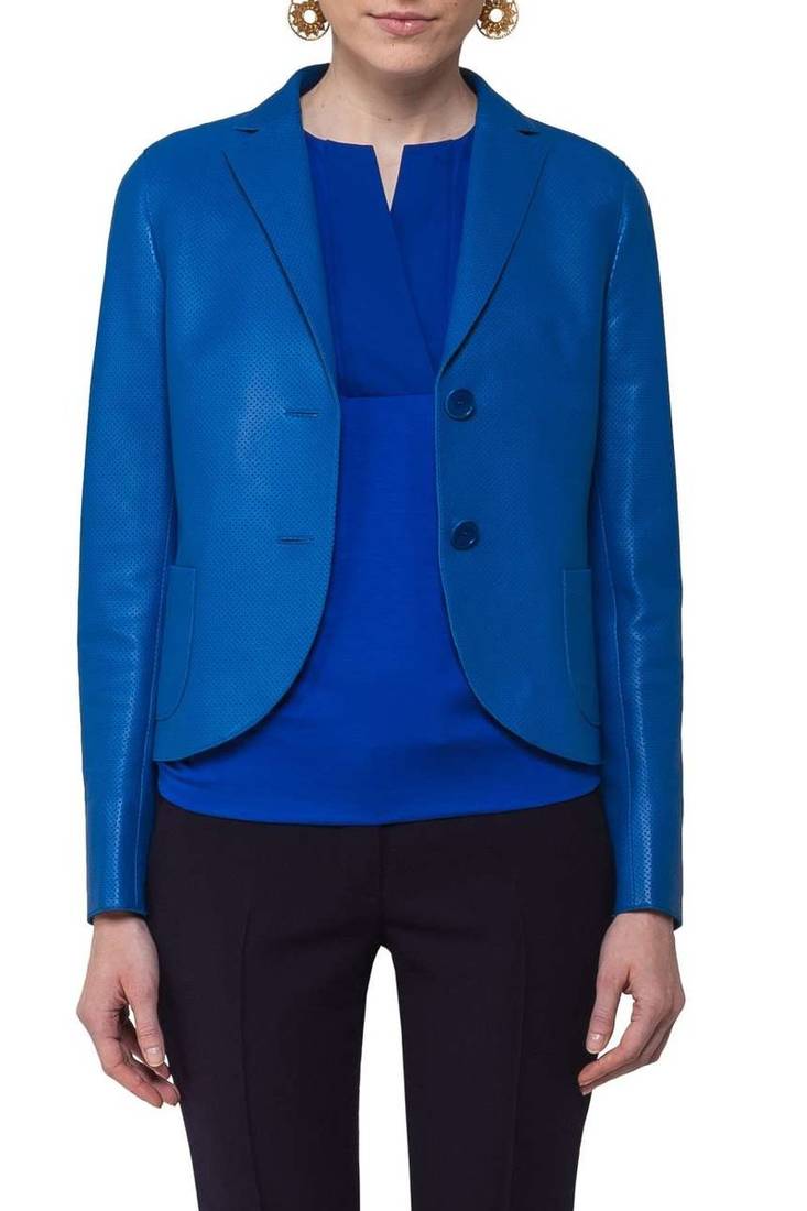 Women's lambskin leather solid blue formal blazer jacket