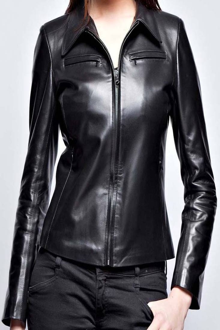 Women's lambskin black leather zipper jacket